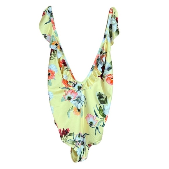 H & M Yellow Floral Deep V Neck With Ruffle Trim One Piece Swimsuit Women's 10 - Picture 4 of 12